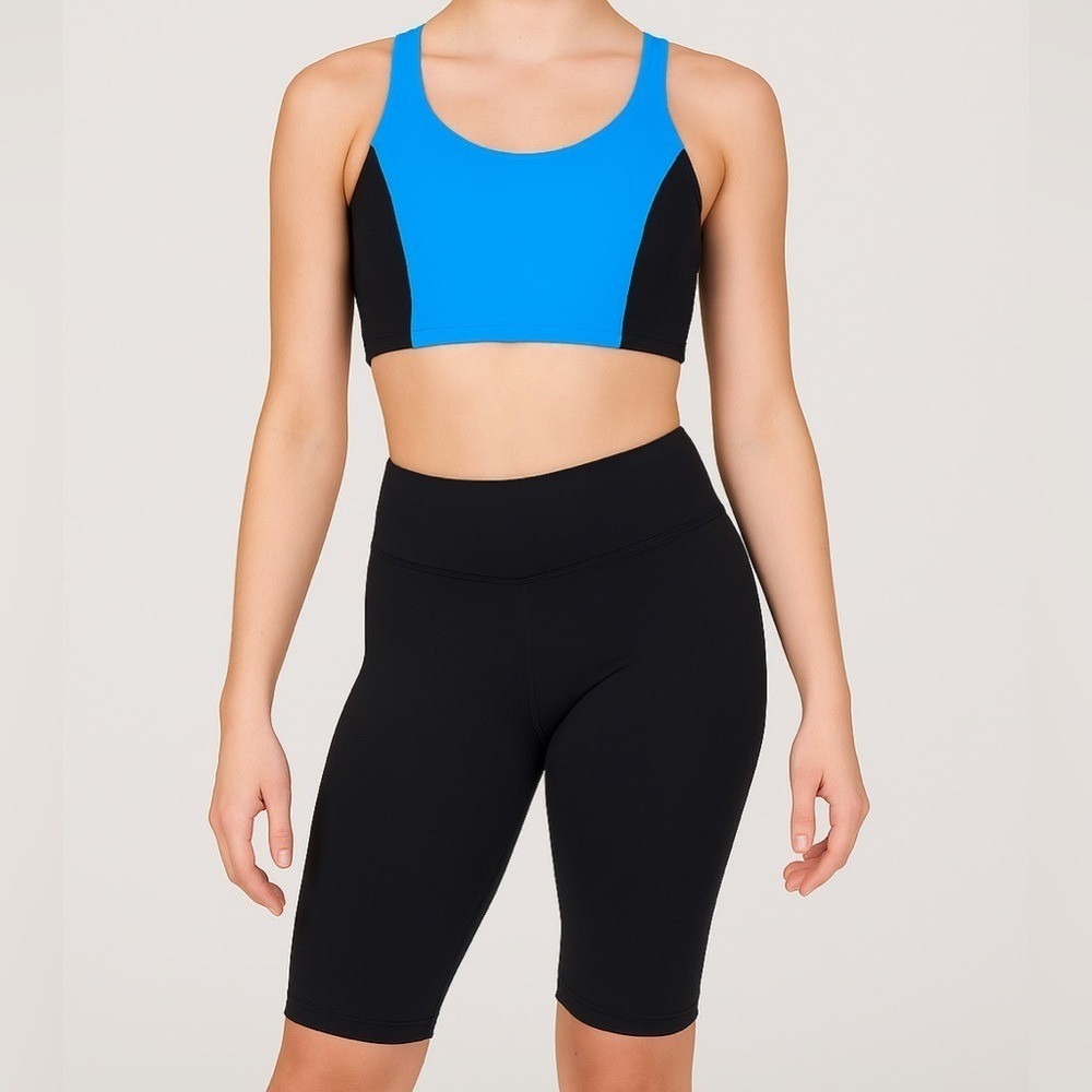 Theatricals blue black 2 piece dance set bike shorts crop top tank adult XS NWT
